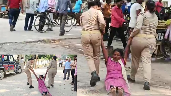 viral video of a women being dragged by female constables on road outside SP office of hardoi 