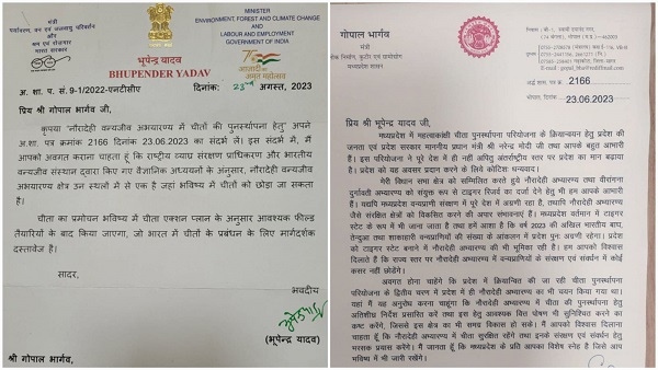 केंद्रीय वनमंत्री ने पीडब्ल्युडी मंत्री गोपाल भार्गव को लिखा पत्र, बताया भविष्य में चीते आएंगे