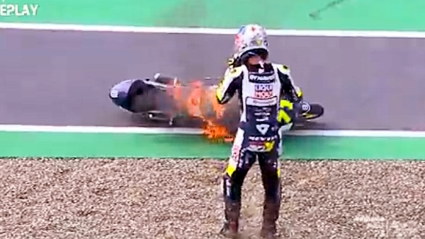 during MotoGP race in noida Spanish rider bike slipped and caught fire Video went Viral 