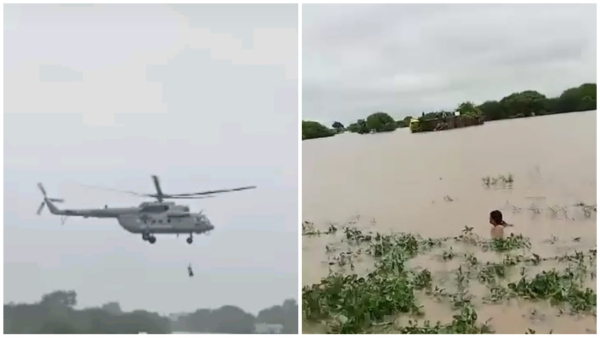 Army rescues pregnant woman trapped in flood in Semaliya village of Badnagar with helicopter