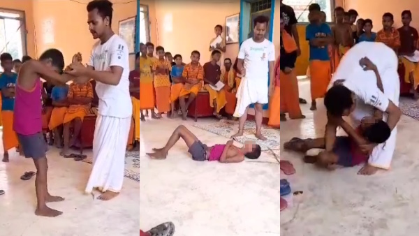 viral video of gurukul teacher beating a student in lakhimpur kheri of uttar pradesh 
