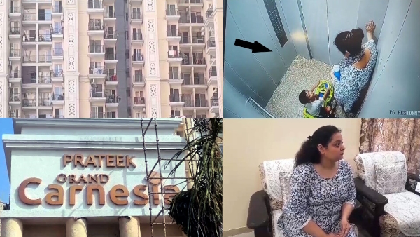 mother and son stuck in Lift for 15 minutes in Prateek Grand Society of Ghaziabad CCTV video viral