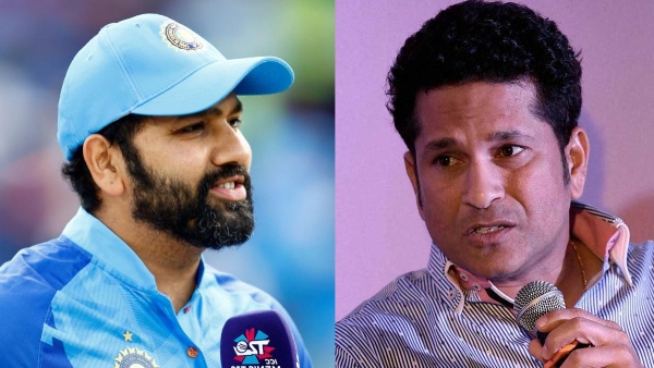 Sachin Tendulkar reacts to Rohit Sharma before the India vs Pakistan match Sachin Tendulkar reacts to Rohit Sharma before the India vs Pakistan match