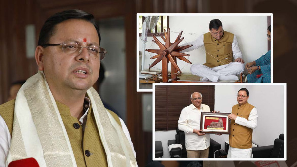Gandhi Ashram in Ahmedabad, CM pushkar Dhami spun the charkha, met Gujarat CM Bhupendra Patel 