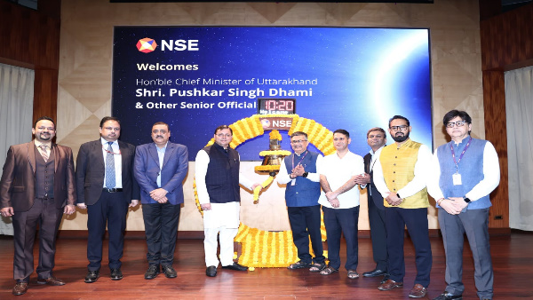 CM pushkar Dhami reached Mumbai National Stock Exchange, registered presence ringing symbolic bell.