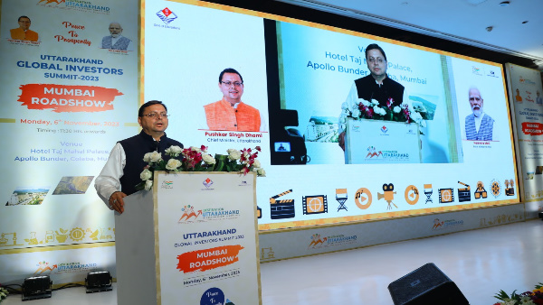 CM pushkar Dhami road show Mumbai Global Investor Summit aim double states GSDP next 5 years.