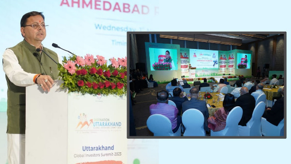  Global Investors Summit CM PUSHKAR Dhami road show Ahmedabad 6 thousand acres land bank created 