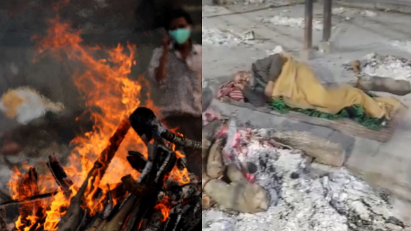 old man sleeping beside burning corpse