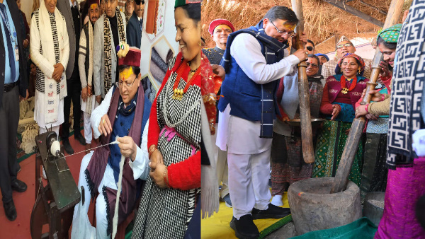  CM Pushkar Singh Dhami style, pounded red paddy women traditional mortar also spun charkha.