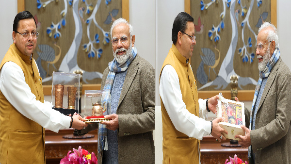 CM pushkar Dhami met PM narendra Modi gave special gift prepared women self-help groups schemes