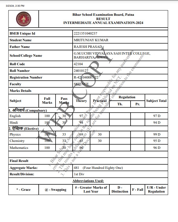 BSEB Mrityunjay Kumar Science Topper