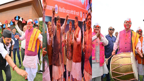 Holi 2024 CM pushkar Dhami special style danced beats musical instruments flowers colors disabled people