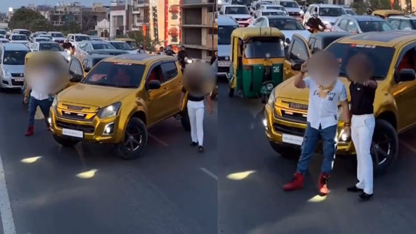 Stunt by stopping car on flyover
