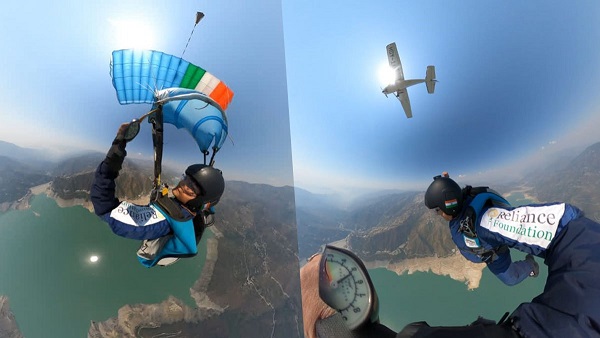 Freestyle sky diving show over Tehri Lake jump from crew aircraft height about 4000 feet above sea level