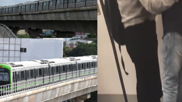 Couple kissing inside Bengaluru metro