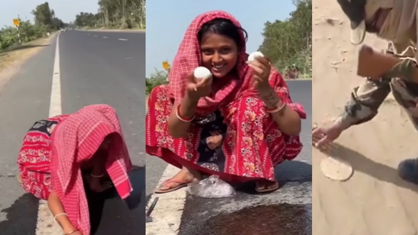 Woman cook eggs in road