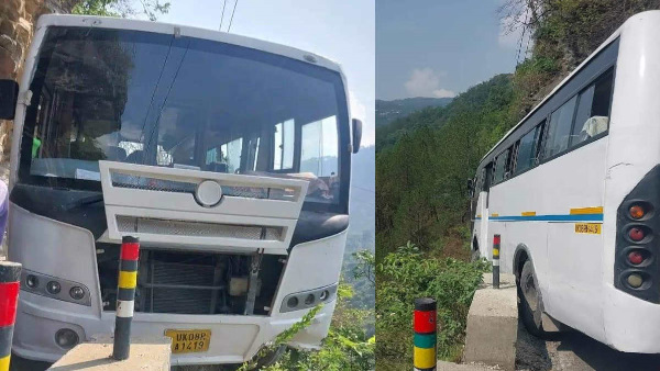 bus returning from Kedarnath went out road got stuck parafit bus collided hill on Badrinath Highway