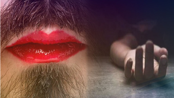 Putting bindi on forehead lipstick on lipse young man as woman embraced death surprised