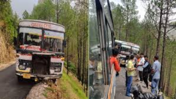 ramnagar bus got stuck hill after leaving road major accident averted wisdom of driver 30 passengers on board