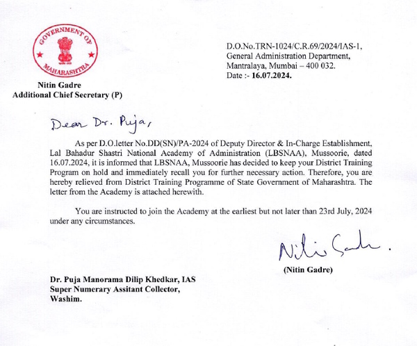 IAS Puja Khedkar called back to LBSNAA