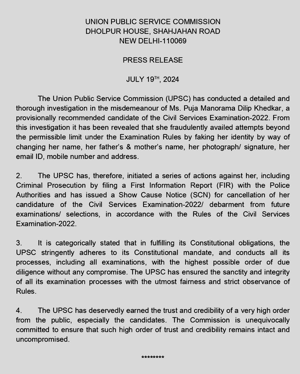 IAS Puja Khedkar UPSC Notice