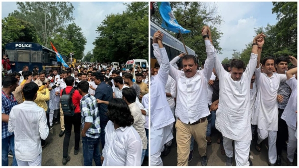 NEET paper leak NSUI protest against action against culprits of nursing scam Jitu Patwari water NEET paper leak NSUI protest against action against culprits of nursing scam Jitu Patwari water