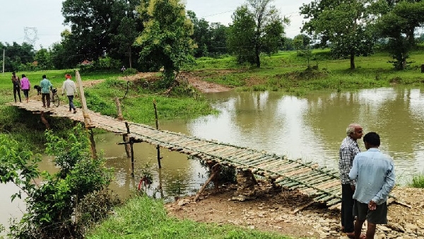 Bridge not built on Maihar river villagers donated their labour and erected a culvert made of bamboo