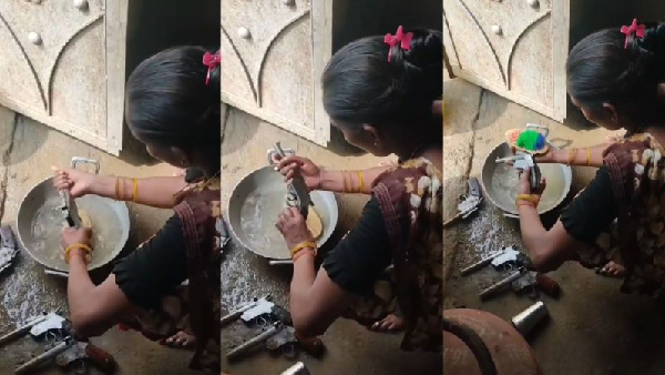 morena woman washing gunny bag