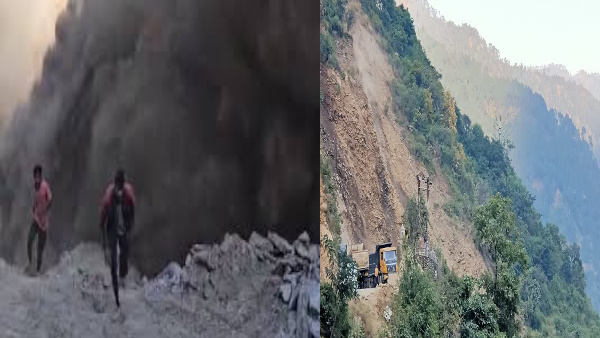 Heavy landslide Chamoli caused dust workers ran save lives road closed falling boulders debris