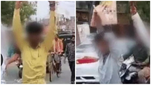 Procession of three people tied with rope accused of stealing money from chilli trader