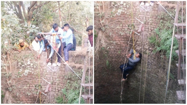 A person fell into the well of Hukum Chand Mill was pulled out after an hour of effort