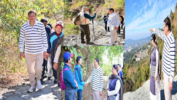 CM pushkar Dhami did 5 KM foot trekking with family Dehradun-Mussoorie track route gave instructions to the officials CM pushkar Dhami did 5 KM foot trekking with family Dehradun-Mussoorie track route gave instructions to the officials