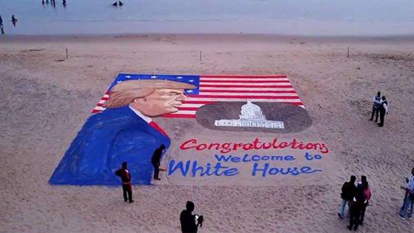 Sudarshan Patnaik sand Art fot Donald Trump Sudarshan Patnaik sand Art fot Donald Trump