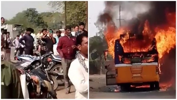 8 year old child met with a bus accident in Sironj Vidisha angry people set the bus on fire 8 year old child met with a bus accident in Sironj Vidisha angry people set the bus on fire