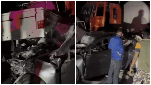 Horrific road accident on Dhar-Ujjain four lane 8 killed collision with gas tanker