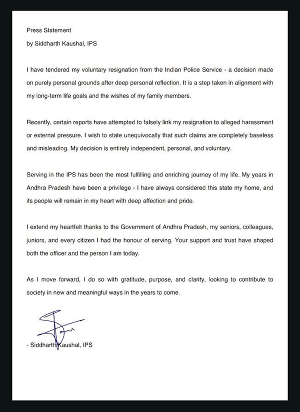 Siddharth Kaushal IPS resigns Siddharth Kaushal IPS resigns