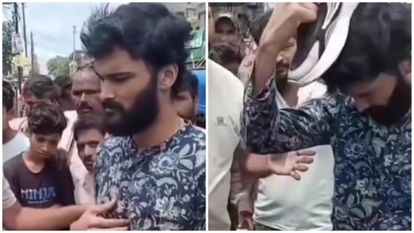 Talibani punishment in Bairad Shivpuri youth forced to apologize by placing shoe on him VIDEO viral Talibani punishment in Bairad Shivpuri youth forced to apologize by placing shoe on him VIDEO viral