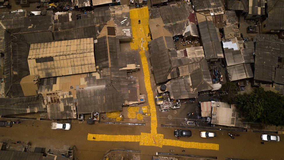 yellow tapestry, Serge Attukwei, Accra, Ghana yellow tapestry, Serge Attukwei, Accra, Ghana