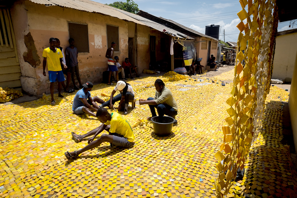 yellow tapestry, Serge Attukwei, Accra, Ghana yellow tapestry, Serge Attukwei, Accra, Ghana