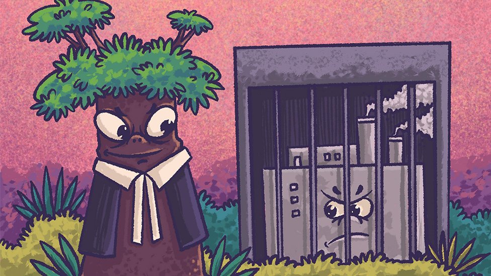A tree dressed as a lawyer looks at a polluting factory locked up in prison