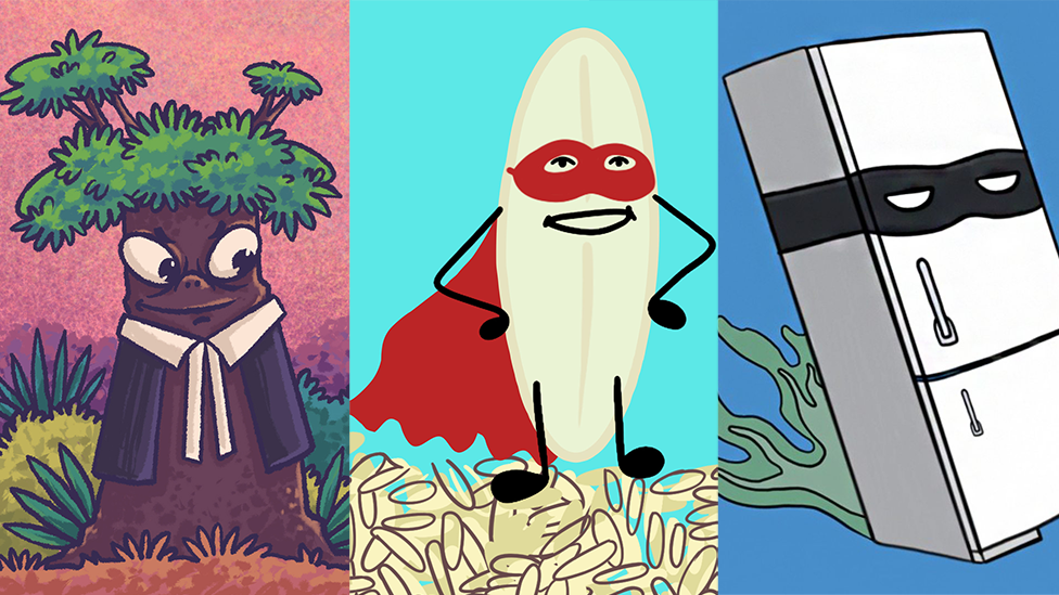Collage featuring a tree dressed as a lawyer, a grain of rice dressed as a superhero and a fridge, dressed as a villain fleeing