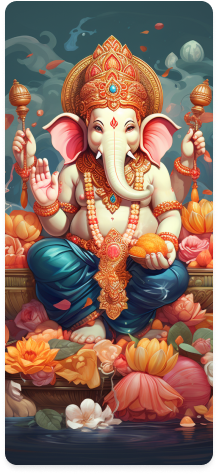 An adorned Ganesh idol surrounded by flowers