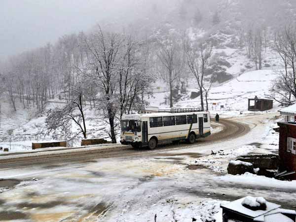 A bus plying at Lower Munda on Jammu-Srinagar National Highway
