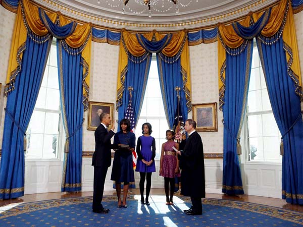 Barack Obama is officially sworn-in by Chief Justice John Roberts in the Blue Room Barack Obama is officially sworn-in by Chief Justice John Roberts in the Blue Room