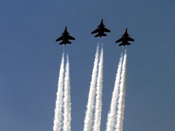 Air force fighter jets present a fly