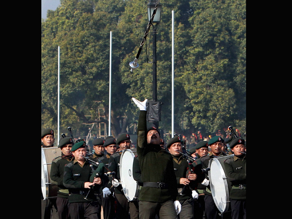 Army bandsmen rehearse for the Republic Day parade