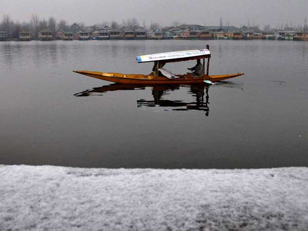 A boatman rows his boat in Dal Lake A boatman rows his boat in Dal Lake
