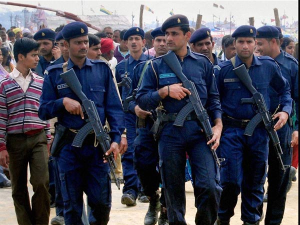 Security personnel patrol at Maha Kumbh Mela