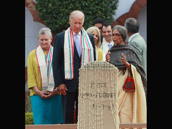 Joe Biden with his wife Jill paying homage to Mahatma Gandhi