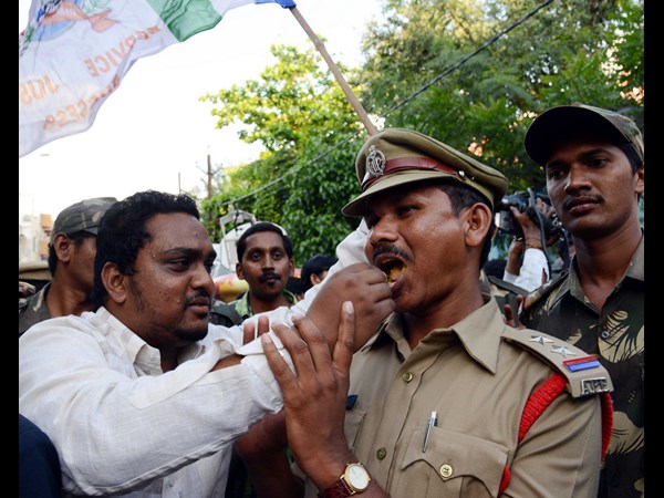Feeding policeman sweet